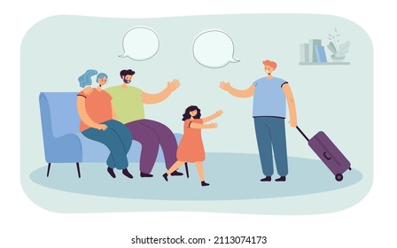 Son with suitcase returning home from trip or university. Mother and father greeting boy from sofa, little sister running to brother flat vector illustration. Family, relationship concept for banner