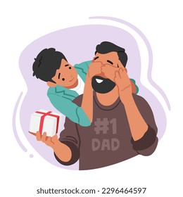 Son Surprises Dad, Closes Eyes, And Gives Gift for Fathers Day or Birthday. A Heartwarming Moment Shared Between Father And Son. Loving Family Characters. Cartoon People Vector Illustration