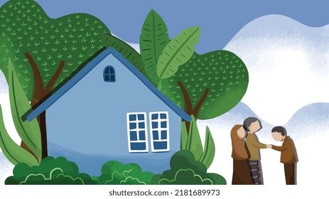 Son talking to showing something with his father illustration set