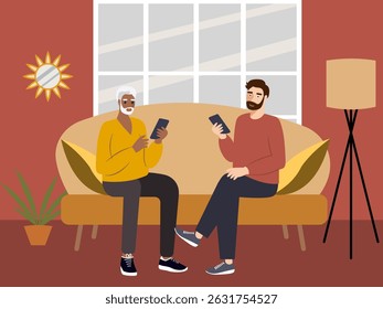 Son teaching his elderly dad how to use smartphone. Teaching seniors to use smartphones concept