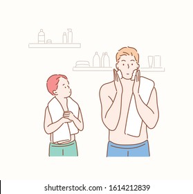 Son Watching Father Shaving In Bathroom Mirror. Hand drawn style vector design illustrations.