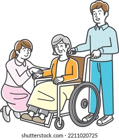 Son And Wife Helping An Elderly Mother In A Wheelchair