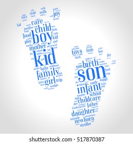 Son. Word cloud, foot, gradient grey background. Family concept.