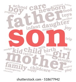 Son. Word cloud, red font, white background. Family concept.