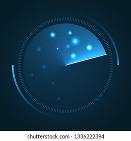 Sonar display with scanning. Radar screen with targets. Technology vector background