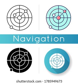 Sonar Icon. Radio Wave Scanning, Obstacle Detection Technology For Nautical Vessels. Maritime Navigation. Linear Black And RGB Color Styles. Navigational Radar Isolated Vector Illustrations