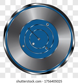 Sonar, radar simple icon on metal round button. Transparent grid