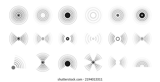 Sonar or radar sound waves set. Wave sonar. Radio waves. Concentric sound circle.  Internet connection. Noise and energy from speaker. 