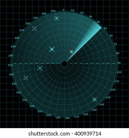 Sonar Screen On Grid, 2d Vector On Dark Background, Radar, Eps 10