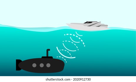 Sonar (Sound navigation and ranging) boat and submarine graphic vector