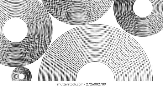 Sonar- oder Schallwellenringsammlung. Gepunktetes und lineares Epizentrum, Ziel, Radarsymbolkonzept. Radiale Signal- oder Vibrationselemente rippen. Vektorlinien- und Rastersymbole