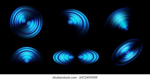 Sonar sound wave. Round light neon effect waves, concentric circle signal of radio station, Wi Fi sensor. Blue water ripple vector set. Network connection symbol. Internet signal isolated collection