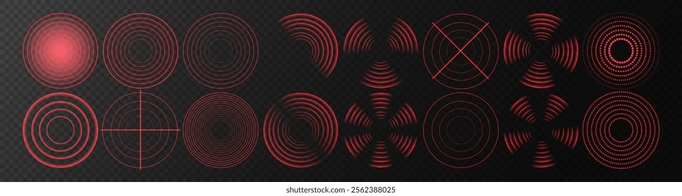 Sonar Wave Signal: Red Digital Sound Wave with Transparent Background for Tech and Wireless Concepts. Red circular pulsation as a symbol of an alarm is a design element. Vector illustration