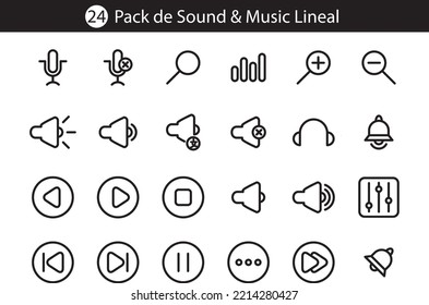 El paquete de iconos de sonido y la música lineal contienen 24 íconos diferentes, adecuados para crear sitios web, música, startups y pueden ser usados en medios sociales y otros.