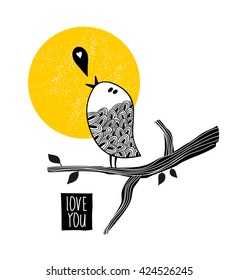 Song about love. Vector illustration of romantic bird on the tree.