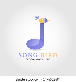 song bird logo template. violet and yellow gradient design. music note and bird combination. isolated with gray background. vector illustration