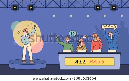 Song contest television show scene. A man is singing on stage and the judges are giving points. flat design style minimal vector illustration.