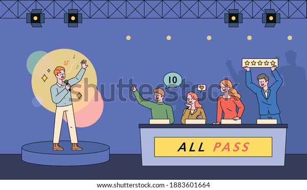 Song contest television show scene. A man\
is singing on stage and the judges are giving points. flat design\
style minimal vector\
illustration.