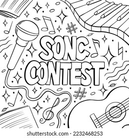 Canción Concurso de palabras burbuja línea de arte en estilo de comic de arte pop. Cartel de la batalla de la canción con instrumentos musicales