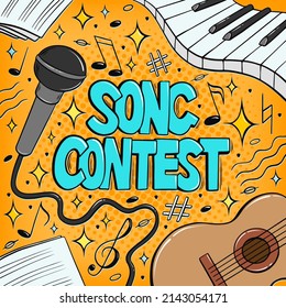 Song Contest Wortblase im Pop-Art Comic Stil. Liedkämpfposter mit Musikinstrumenten