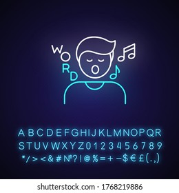 Song game neon light icon. Outer glowing effect. Fun board game, musical entertainment sign with alphabet, numbers and symbols. Singing person vector isolated RGB color illustration