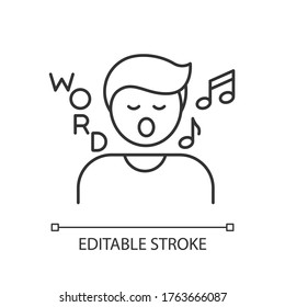 Song game pixel perfect linear icon. Fun board game, musical entertainment thin line customizable illustration. Contour symbol. Singing person vector isolated outline drawing. Editable stroke