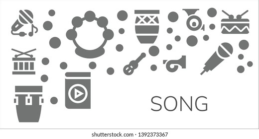 song icon set. 11 filled song icons.  Collection Of - Sing, Tambourine, Drum, Guitar, Conga, French horn, Media player, Karaoke