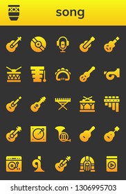 song icon set. 26 filled song icons.  Simple modern icons about  - Guitar, Conga, Vinyl, Voice recorder, Electric guitar, Drum, Xylophone, Tambourine, French horn, Electric piano