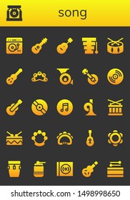 song icon set. 26 filled song icons.  Simple modern icons about  - Turntable, Gong, Guitar, Xylophone, Drum, Tambourine, French horn, Banjo, Vinyl, Itunes, Conga, Electric guitar