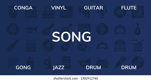  song icon set. 32 filled song icons. on blue background style Simple modern icons about  - Conga, Vinyl, Guitar, Flute, Gong, Jazz, Drum, French horn, Encore, Media player, Voice recorder