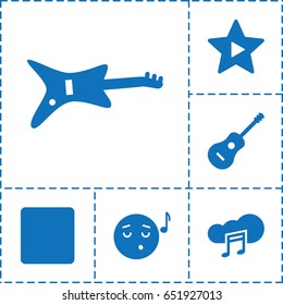 Song icon. set of 6 song filled icons such as emoji listening music, stop, guitar, favorite music