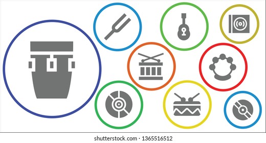 song icon set. 9 filled song icons.  Simple modern icons about  - Conga, Diapason, Guitar, Vinyl, Drum, Tambourine