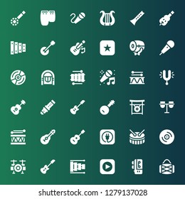 song icon set. Collection of 36 filled song icons included Drum, Voice recorder, Itunes, Xylophone, Electric guitar, Drum set, Vinyl, Guitar, Conga, Gong, Banjo, Flute, Tuning