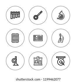 Song icon set. collection of 9 outline song icons with banjo, electric guitar, drums, flute, gong, french horn, launchpad icons. editable icons.