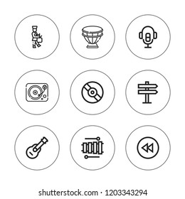 Song icon set. collection of 9 outline song icons with drum, guitar, parade, rewind, vinyl, sings, xylophone, voice recorder icons. editable icons.