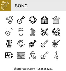 song icon set. Collection of Guitar, Tambourine, Jukebox, Drum, Conga, Harp, Violin, Magnetic tape, Lyra, Singing, Banjo, Saxophone, Lp, Turntable, Musician, Electric guitar icons