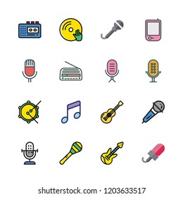 song icon set. vector set about radio, tambourine, maraca and walkman icons set.