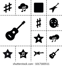 Song icons. set of 13 editable filled song icons such as guitar, stop, favorite music, music cloud, musical sharp