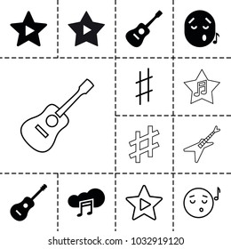 Song icons. set of 13 editable filled and outline song icons such as guitar, favorite music, music cloud, emoji listening music