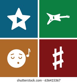 Song icons set. set of 4 song filled icons such as emoji listening music, favorite music, musical sharp