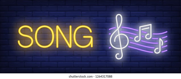 Song neon sign. Glowing inscription with white tones on brick wall background. Vector illustration can be used for music, singing, advertisement