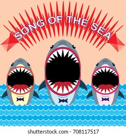 Song of the sea. Vector poster with the singing sharks for print design. Easily edited colors
