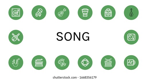 canciones simples iconos set. Contiene iconos como Turntable, Karaoke, guitarra acústica, Bongo, Jukebox, Guitarra, Saxofón, Drum, Cantar, Tambourine, puede ser usado para web, móvil y logo
