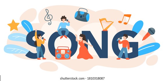 Song typographic header. Performer singing with microphone. Music show, sound performance. Vector illustration in flat style