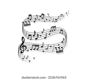 Song waves with music notes on wavy musical staff for concert, vector background. Music stave with clef and notes of melody song for classic orchestra or jazz and blues music festival poster