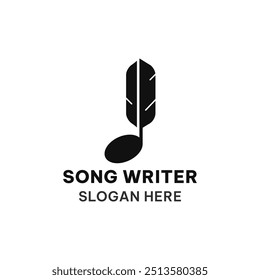 Song writer logo template in simple flat style. Music note and feather vector illustration