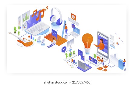 Song writer, video blogger, flat vector isometric illustration. Music production. Blogging, vlogging.
