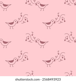 Songbird with musical notes Seamless Pattern. Minimal doodle background with animals and wings. Melody sound nature concept. Pastel pink color. Vector illustration