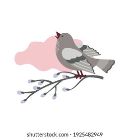 Ein Singvogel auf einem Zweig einer Feder weicht im Morgengrauen. Vektorgrafik, weißer Hintergrund, Pastellfarben.