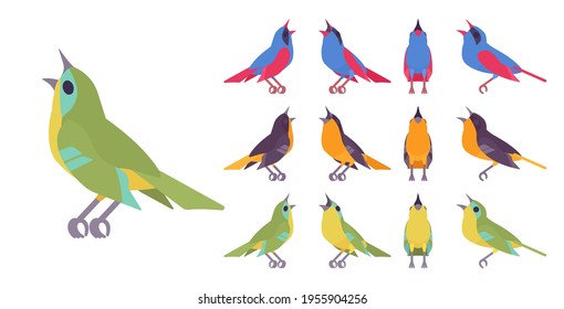 Songbird set, various singing little musical birds in beautiful colors. Wildlife study, ornithology, birdwatching. Vector flat style cartoon illustration isolated on white background, different views